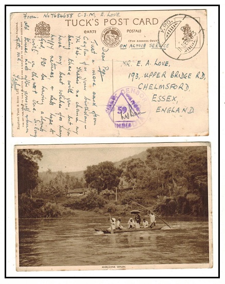 CEYLON - 1943 censored stampless F.P.O. postcard use to UK.