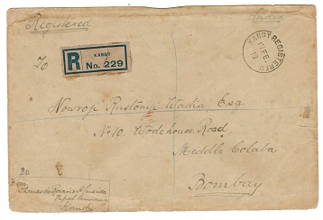 CEYLON - 1919 1c on 5c (SG 337) multi cancelled cover from KANDY.
