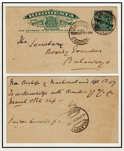 RHODESIA - 1903 1/2d blue green PSC to Bulawayo used at SALISBURY.  H&G 13.