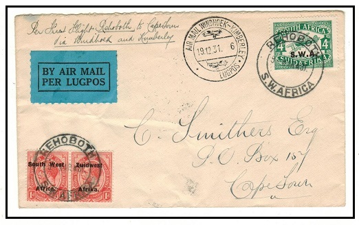 SOUTH WEST AFRICA - 1931 first flight cover to Cape Town cancelled REHOBOTH.