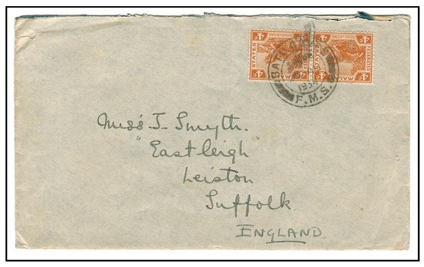 MALAYA - 1934 8c rate cover to UK used at BATU CAVES.