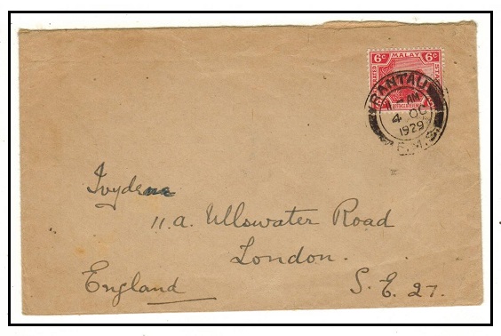 MALAYA - 1929 6c rate cover to UK used at RANTAU.