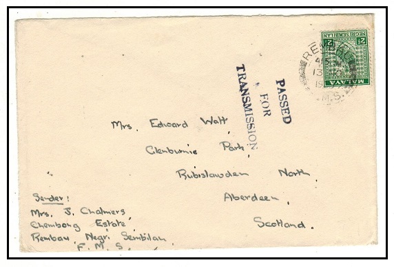 MALAYA - 1939 2c rate cover to UK used at REMBAU with PASSED BY TRANSMISSION h/s applied.