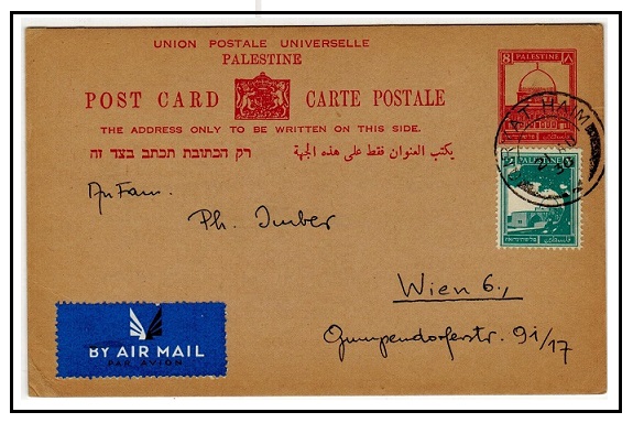 PALESTINE - 1932 8m red PSC to Austria used at QIRYAT HAIM.  H&G 6.