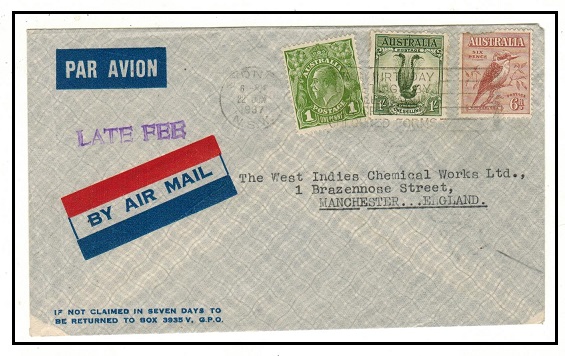 AUSTRALIA - 1937 1/7d rate cover to UK with violet LATE FEE h/s applied.