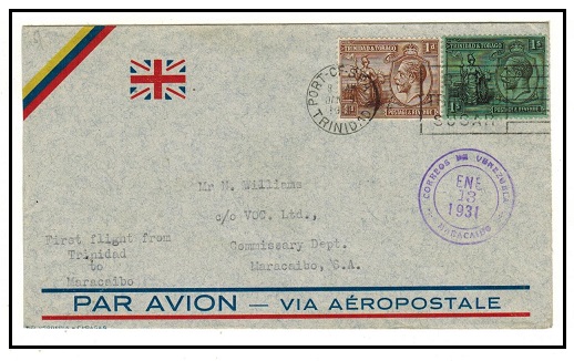 TRINIDAD AND TOBAGO - 1931 1/1d rate first flight cover to Venezuela.