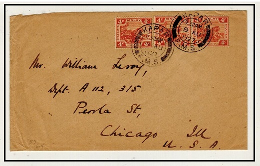 MALAYA - 1927 12c rate cover to USA used at KAPAR.