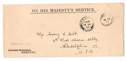 GRENADA - 1932 OFFICIAL PAID h/s on OHMS cover to USA.
