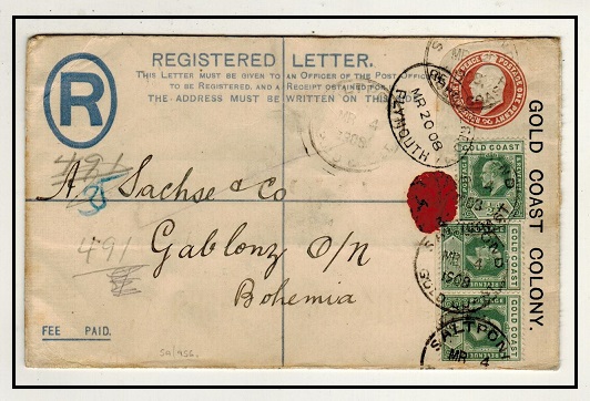 GOLD COAST - 1902 2d+1d brown uprated RPSE (size G) to Germany used at SALTPOND.  h&g 7.