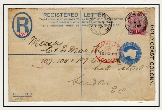 GOLD COAST - 1894 2d ultramarine uprated RPSE (size G) to UK used at CAPE COAST.  H&G 5a.