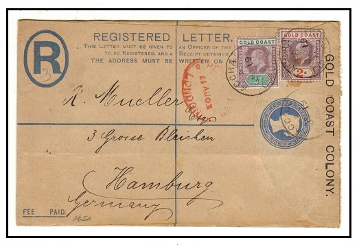 GOLD COAST - 1894 2d ultramarine uprated RPSE (size G) to Germany used at ACCRA.  H&G 5a.