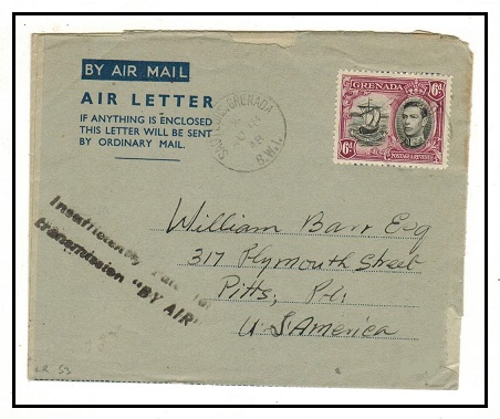 GRENADA - 1948 6d used on FORMULA air letter to USA struck INSUFFICIENTLY PAID FOR/TRANSMISSION...