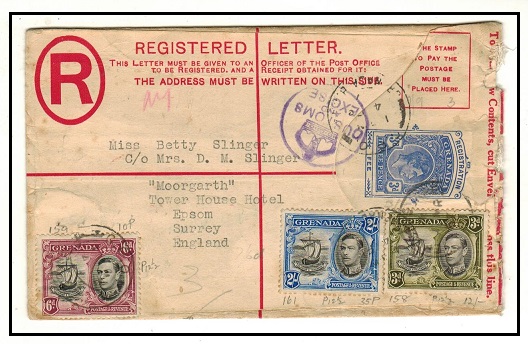 GRENADA - 1938 3d blue RPSE (size G) uprated to UK.  H&G 10.