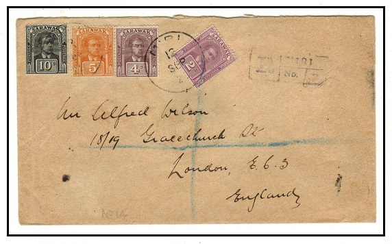 SARAWAK - 1928 21c rate registered cover to UK used at MIRI.