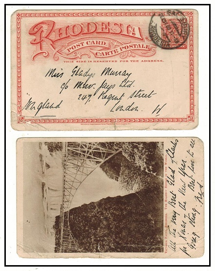 RHODESIA - 1899 1d brick red illustrated PSC to UK used at SALISBURY.  H&G 11a.