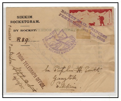 INDIA - 1935 use of Rs2 Sikkim ROCKETGRAM. 