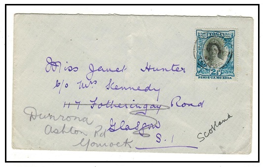 TONGA - 1937 2 1/2d rate cover UK used at VAVAU/TONGA cds.
