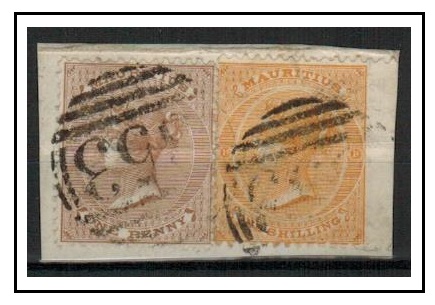 MAURITIUS - 1870 (circa) 1d brown and 1/- orange tied to piece by 