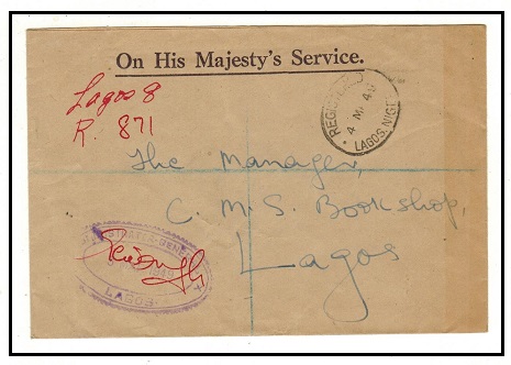 NIGERIA - 1949 registered use of OHMS cover cancelled REGISTERED/LAGOS NIGERIA.