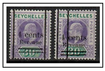 SEYCHELLES - 1904 4c on 30c REVENUE fine mint with additional copy with DOUBLE BAR.