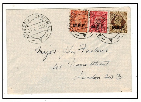 B.O.F.I.C. - 1947 1/3d rate cover to UK used at ASMARA CENTRAL.