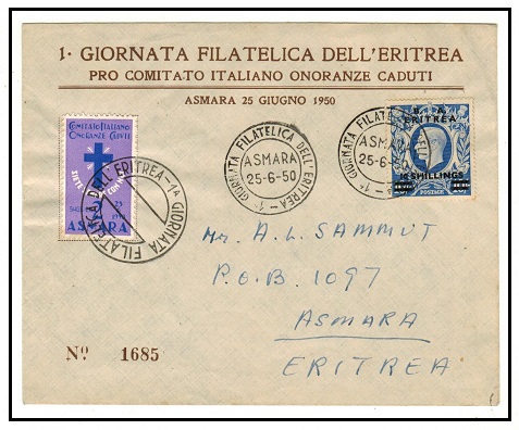 B.O.F.I.C. (Eritrea) - 1950 10/- rate local cover used at GIORNATA FILATELICA DELL ERITREA. 