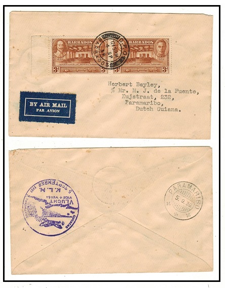 BARBADOS - 1939 first flight cover to Dutch Guiana.