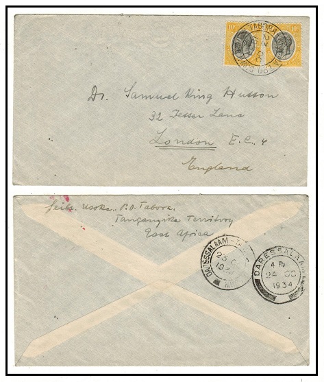 TANGANYIKA - 1934 20c rate cover to UK used at TABORA-KIGOMA TPO DOWN.