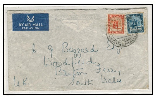 CYRENAICA EMIRATE - 1950 28m rate cover to UK used at BENGHAZI/AIR MAIL.