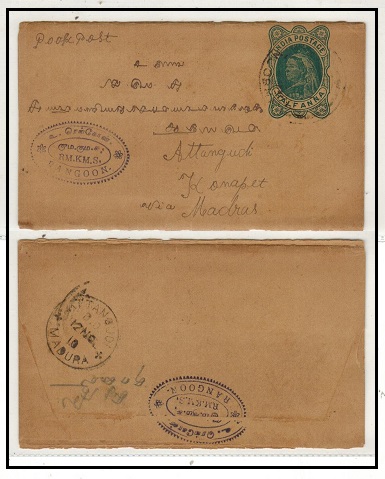 BURMA - 1910 use of Indian 1/2a green postal stationery wrapper at RANGOON.  H&G 1.