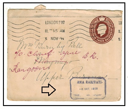 BURMA - 1919 inward GB 1 1/2d brown PSE with RMA RAILWAYS/RANGOON arrival h/s applied on front.