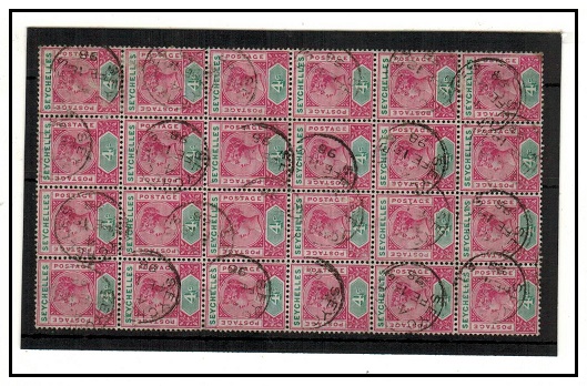 SEYCHELLES - 1890 4c carmine and green in a fine used block of 24 showing 