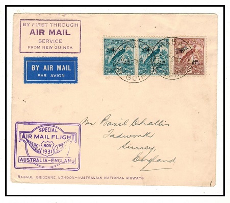 NEW GUINEA - 1931 2/6d rate first flight cover to UK
from Rabaul.