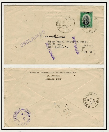 GRENADA - 1952 1c rate local cover struck UNDELIVERED and RETOUR in violet ink.