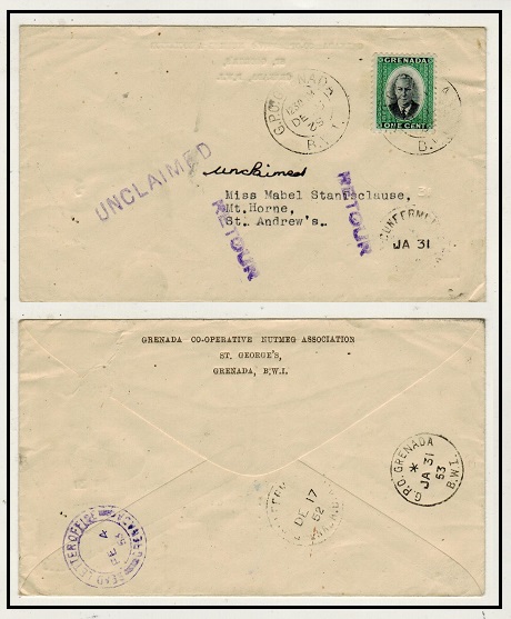 GRENADA - 1952 1c rate local cover struck UNDELIVERED and RETOUR in violet ink.