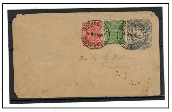RHODESIA - 1904 2 1/2d grey PSE uprated to USA used at BROKEN HILL. H&G 3.