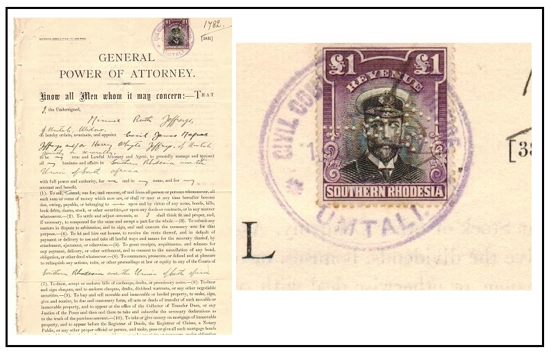 RHODESIA - 1927 use of 1 REVENUE on 
