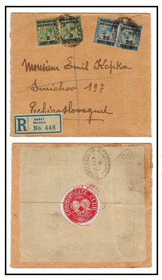MOROCCO AGENCIES - 1920 registered cover to Czechoslovakia used at RABAT.