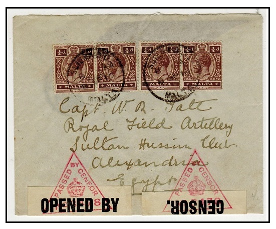 MALTA - 1918 1/4d (x4) on censored cover to Egypt used at SLIEMA B.O./MALTA.