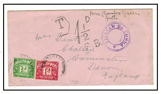 TRISTAN DA CUNHA - 1936 (circa) taxed cover to UK struck TRISTAN DA CUNHA in violet.