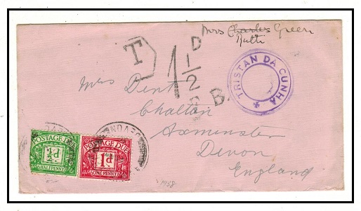 TRISTAN DA CUNHA - 1936 (circa) taxed cover to UK struck TRISTAN DA CUNHA in violet.