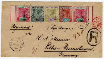 SEYCHELLES - 1896 multi franked cover registered to Germany with 3c on 4c surcharge and cancelled by