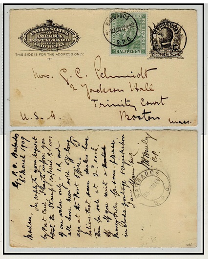 BARBADOS - 1909 use of US 1c+1c black PSRC outward section bearing 1/2d (SG 106) tied BARBADOS.