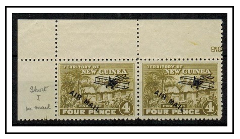 NEW GUINEA - 1931 4d olive green mint pair showing the SHORT I IN MAIL on Row 1/1. SG 142.
