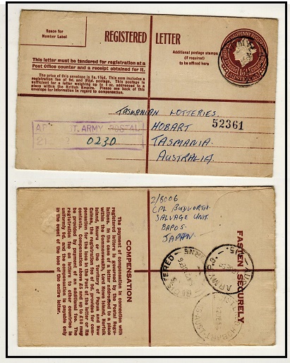 AUSTRALIA - 1953 1s 1/2d brown RPSE from AUS ARMY PO 215 in Japan to Tasmania.  H&G 40.