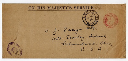 NIGERIA - 1946 OHMS envelope to USA with scarce OFFICIAL PAID LAGOS h/s in red.