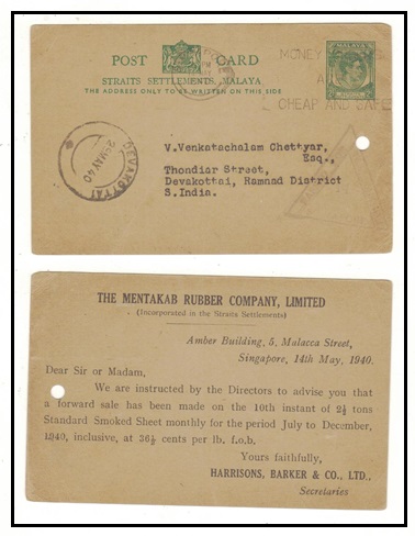 SINGAPORE - 1937 2c green Straits PSC (toned) censored to India used at SINGAPORE. H&G 36.