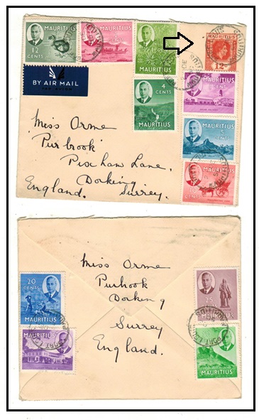MAURITIUS - 1938 12c red PSE multi franked to UK used at PORT LOUIS.  H&G 47.