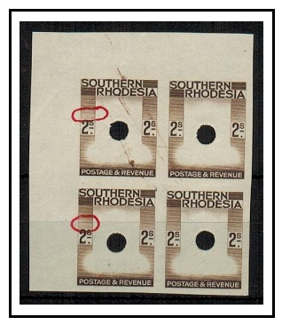 SOUTHERN RHODESIA - 1937 2/- brown IMPERFORATE PLATE PROOF block of four of the frame.