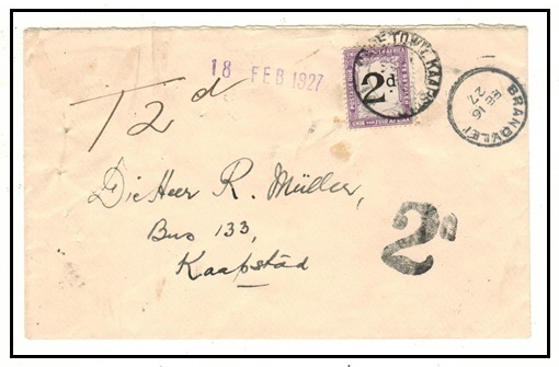SOUTH AFRICA - 1927 stampless cover from BRANDVALE to Cape Town with 2d 